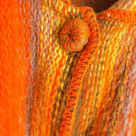 Vintage Wool Bright Orange Brown Striped Poncho w Patch Pockets OS - Picture 7 of 9
